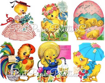 May include: A set of six vintage Easter-themed illustrations featuring chicks, a rooster, and an egg. The illustrations are colorful and feature a variety of Easter symbols, including flowers, eggs, and a basket. The illustrations are perfect for scrapbooking, card making, or other craft projects.