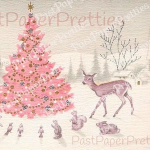 Vintage imprimable sapin de Noël rose enneigé animaux de la forêt scène de la forêt carte Image Téléchargement numérique instantané Kitsch vacances rétro Clip Art
