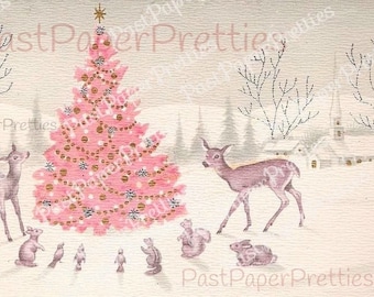 May include: A pink Christmas tree decorated with gold ornaments and white snowflakes stands in a snowy forest. Two deer, a rabbit, and several birds surround the tree. The scene is painted in a vintage style.