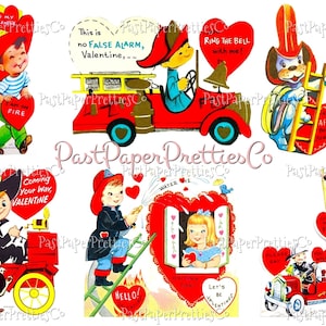 18 vintage brandweerman Valentijnsdagkaarten, alle collagebladen met brandweerthema en enkele afbeeldingen afdrukbare pdf direct digitaal downloaden