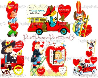 May include: A set of vintage Valentine's Day cards featuring firemen, dogs, and hearts. The cards are printed on red, white, and blue paper and feature illustrations of firemen in their uniforms, dogs wearing fire hats, and hearts with messages like "I am on fire" and "Ring the bell with me!"