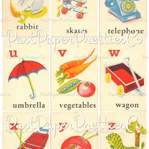 May include: A set of nine vintage alphabet flash cards featuring a letter, an illustration, and a word. The cards are cream colored with red, blue, yellow, and green accents. The letters are in red, and the words are in black. The illustrations include a rabbit, skates, a telephone, an umbrella, vegetables, a wagon, a xylophone, yarn, and a zebra.