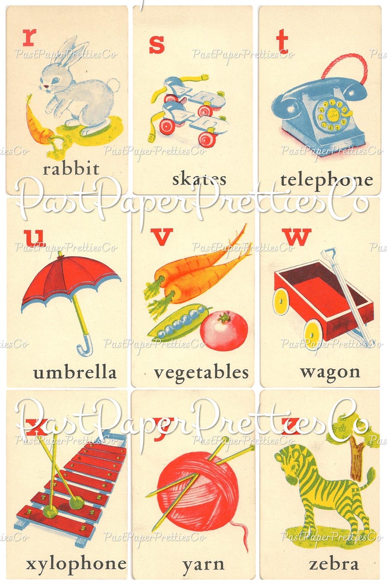 May include: A set of nine vintage alphabet flash cards featuring a letter, an illustration, and a word. The cards are cream colored with red, blue, yellow, and green accents. The letters are in red, and the words are in black. The illustrations include a rabbit, skates, a telephone, an umbrella, vegetables, a wagon, a xylophone, yarn, and a zebra.