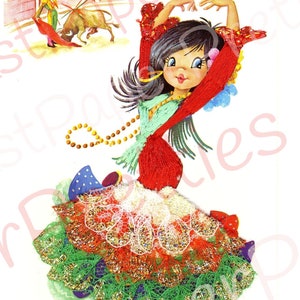 Vintage Printable Pretty Big Eyed Spanish Dancer Girls 1970s Postcard Images PDF Instant Digital Download Kitsch Fabric Dresses 300 dpi image 6
