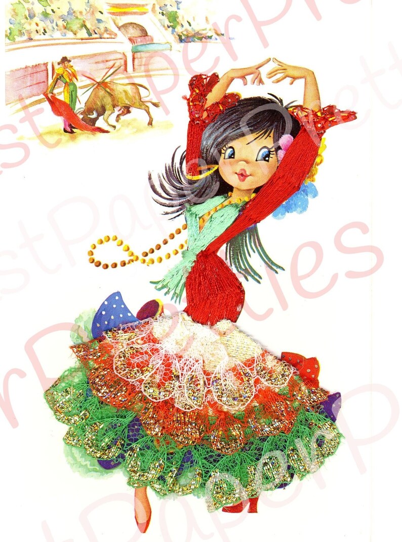 Vintage Printable Pretty Big Eyed Spanish Dancer Girls 1970s Postcard Images PDF Instant Digital Download Kitsch Fabric Dresses 300 dpi image 6