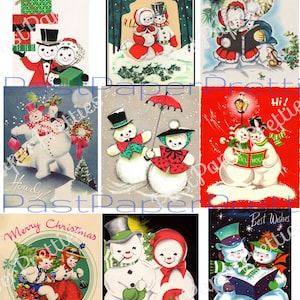 54 feuilles de collage et cartes complètes imprimables vintage de bonhomme de neige de Noël Couples de neige et amoureux de la neige PDF Kitsch numérique instantané Bonhommes de neige mignons