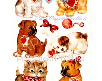 Vintage Printable Valentines Puppies Kittens Stickers Images Gift Seals Tags Collage Instant Digital Download Cute Kitty Cats Dogs Clip Art