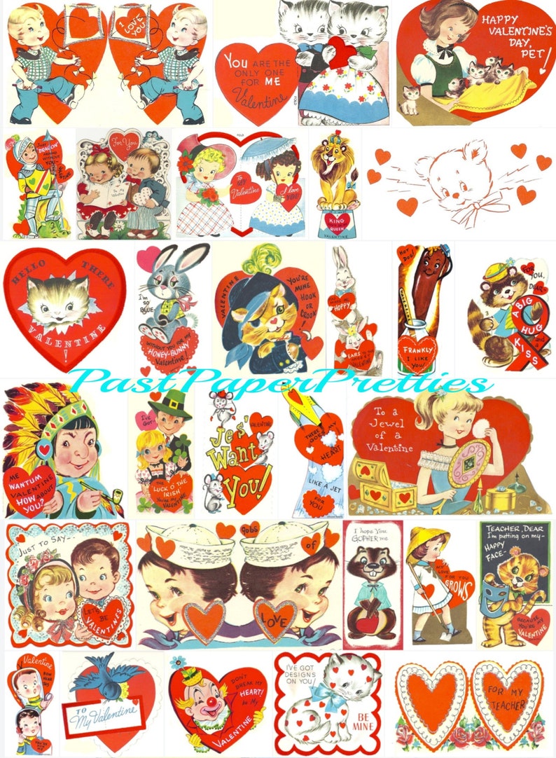 180 Vintage do druku POJEDYNCZYCH kartek walentynkowych, urocze retro dzieci, zwierzęta, obrazy z lat 60. i 70. XX wieku, natychmiastowe pobieranie cyfrowe, pieczęcie, koperty, 300 dpi zdjęcie 2