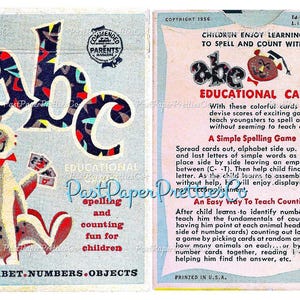 May include: A vintage box of educational alphabet cards featuring a colorful illustration of the letters "abc" and a cartoon animal. The box is pink and white with the text "Educational Cards" and "Children Enjoy Learning to Spell and Count with abc Educational Cards".