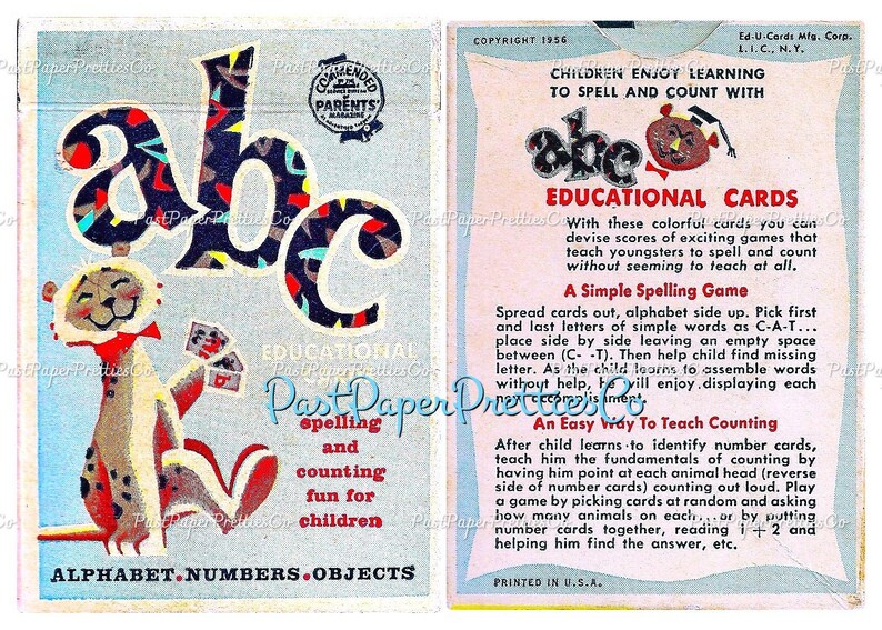 May include: A vintage box of educational alphabet cards featuring a colorful illustration of the letters "abc" and a cartoon animal. The box is pink and white with the text "Educational Cards" and "Children Enjoy Learning to Spell and Count with abc Educational Cards".
