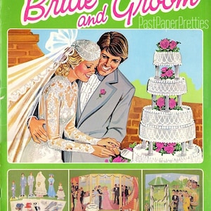 Bambole di carta vintage Sposa e sposo Retro 1981 Set da gioco stampabile PDF Download digitale istantaneo Bambole da matrimonio Scena di gioco in giardino per ricevimento