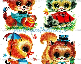 Vintage Retro 1970s Cute Baby Animals Printable Nursery Decals Images Collage Sheet Instant Digital Download Puppy Kitten Duckling Squirrel