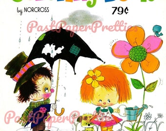 Peut inclure: Une couverture de livre de coloriage représentant deux enfants, l'un tenant un parapluie et l'autre un arrosoir. Le livre est intitulé "Hoboes and Redheads Coloring Book" par Norcross et coûte 79 cents.