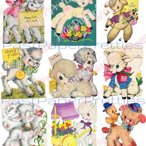 36 bilder på vintage påskkort, söta lammcollageark och enskilda kort, ALLA lamm, PDF, direkt digital nedladdning, kitschig påskdjurs-clipart bild 5