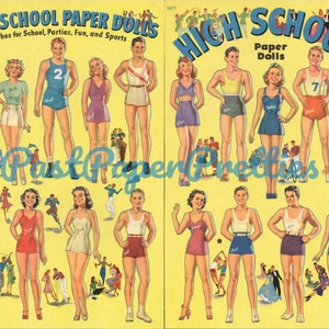 Muñecas de papel vintage de secundaria de c. 1940, PDF imprimible, descarga digital instantánea, 18 muñecas y ropa para adolescentes, fiestas escolares, deportes y diversión