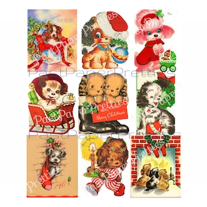 Fogli e biglietti di auguri di Natale con cuccioli di cane stampabili d'epoca Immagini di cani retrò carini per le vacanze in formato PDF Download digitale istantaneo Clipart di cuccioli