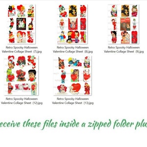 May include: Thirteen digital collage sheets featuring retro spooky Halloween Valentine's Day images. Each sheet has a variety of images, including hearts, ghosts, witches, and other spooky characters.