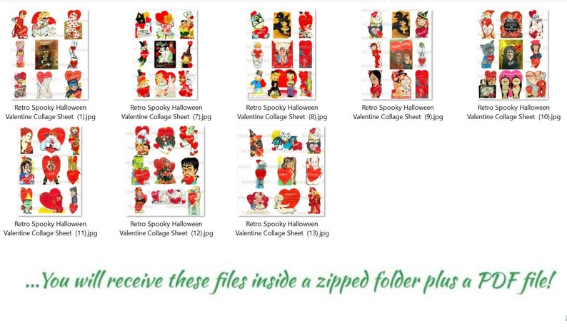 May include: Thirteen digital collage sheets featuring retro spooky Halloween Valentine's Day images. Each sheet has a variety of images, including hearts, ghosts, witches, and other spooky characters.