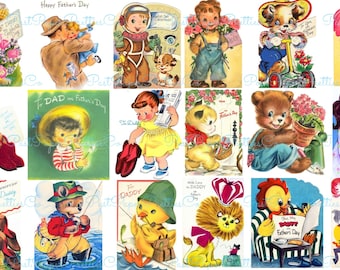 Vintage rétro imprimable carte de voeux bonne fête des pères Images feuilles de collage PDF Téléchargement numérique instantané Animaux mignons enfants Clipart