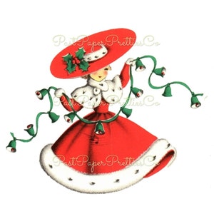 Carte de visite vintage, Miss Christmas mignonne à imprimer avec jingle Bells, fille, c. Clipart joyeux kitschmas des années 1950 en téléchargement numérique instantané