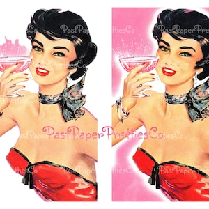 Imagen vintage imprimible de chica glamurosa de cóctel de Navidad y año nuevo, estilo mod de mediados de siglo, años 1950, descarga digital instantánea, clipart de dama de fiesta navideña