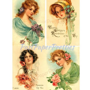 Vintage ziemlich viktorianischen Valentine Ladies Portrait Postkarten Bilder zum ausdrucken Sofortiger digitaler Download Edwardian Mädchen Blumen ClipArt