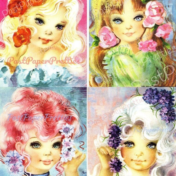Vintage Printable Beautiful Big Eyed Girls Romantic Flowers 1970s Postcard Images Instant Digital Download Kawaii Glamour Girls 600 dpi