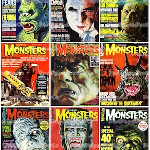 May include: A collection of nine vintage "Famous Monsters of Filmland" magazine covers. The covers feature colorful illustrations of classic movie monsters like Dracula, Frankenstein, and Godzilla, with bold text and retro design.