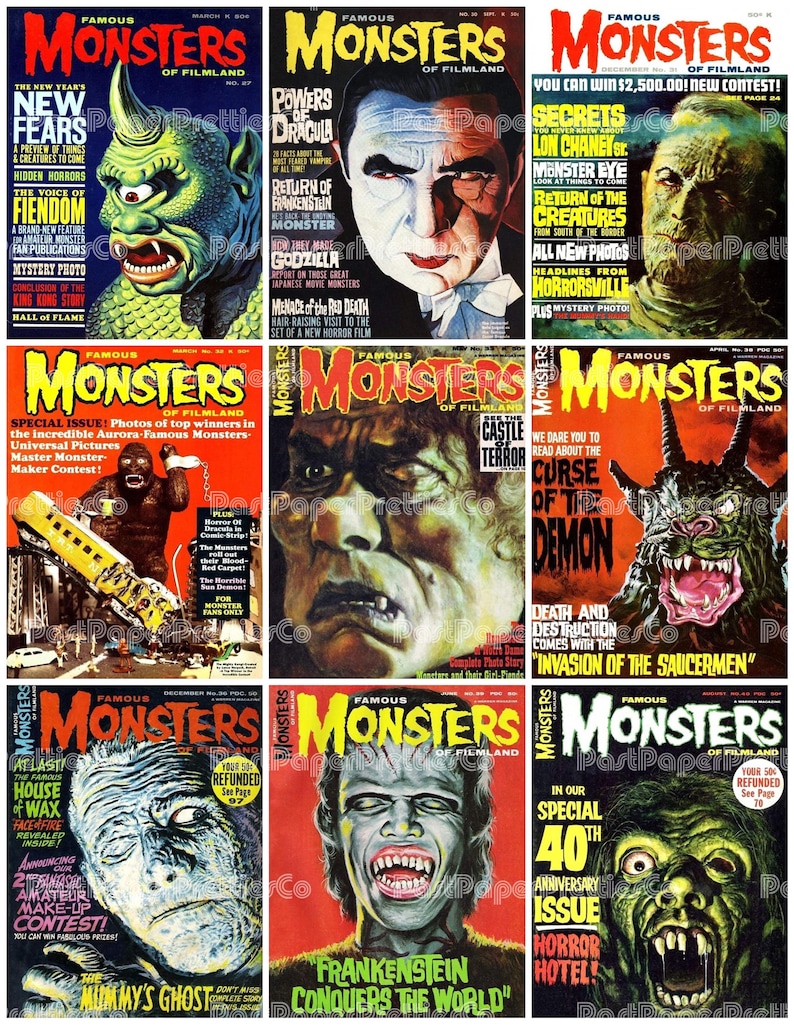 May include: A collection of nine vintage "Famous Monsters of Filmland" magazine covers. The covers feature colorful illustrations of classic movie monsters like Dracula, Frankenstein, and Godzilla, with bold text and retro design.