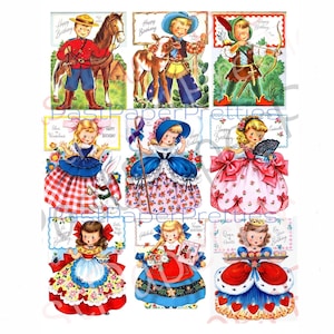 Vintage druckbare Kinder Grußkarten Collage Sheet PDF Instant Digital Kitsch Fairy Tale Geburtstagskarte Bilder 300 dpi