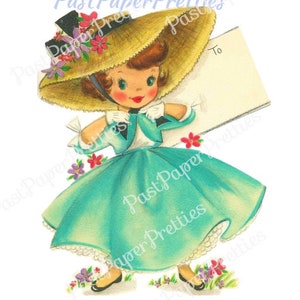 Vintage, petite fille mignonne rétro imprimable de Pâques, petite fille brune, image de carte, chapeau de paille v. Téléchargement numérique instantané des années 1950 PNG JPEG 300 dpi