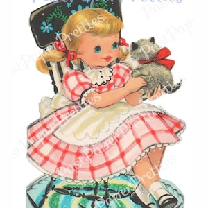 Vintage Printable Cute Little Gingham Girl em cadeira de balanço com gatinho Imagem de cartão de felicitações Download digital instantâneo Kawaii Clip Art 300 dpi