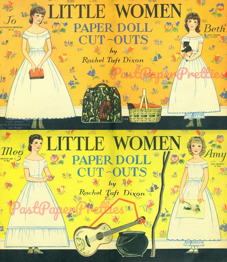 Vintage pappersdockor Små kvinnor utklippta bilder ca 1934 PDF utskrivbar digital nedladdning Meg Amy Jo Beth systrar clipart bild 1