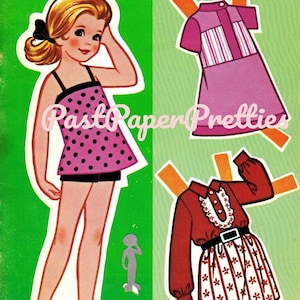 Vintage Paper Dolls Sally Doll knipselboek c. Afdrukbare pdf van de jaren 1960 Instant digitale download schattig klein meisje jaren 60 mode-illustraties