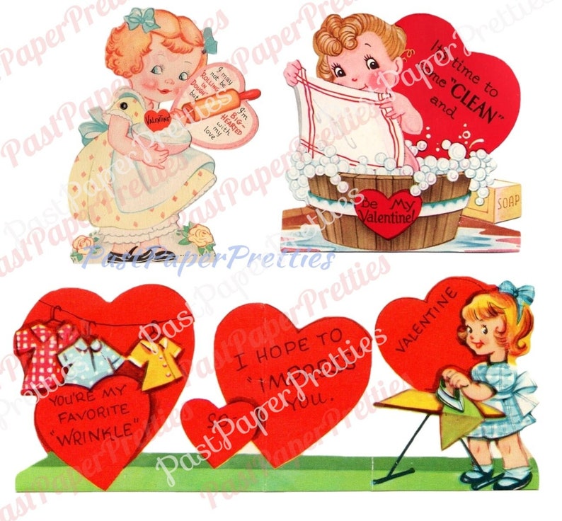 Vintage Retro Little Homemaker Themed Valentine Cards Cooking Cleaning Washing Collage Sheets Printable PDF Instant Digital Download image 9