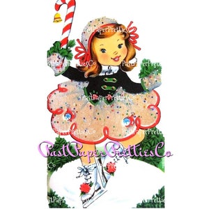 Vintage druckbare kleine Weihnachten Eislaufen Karte Bild 1940er Jahre Sofortiger digitaler Download Süß Kitsch Urlaub Clip Art JPG PNG