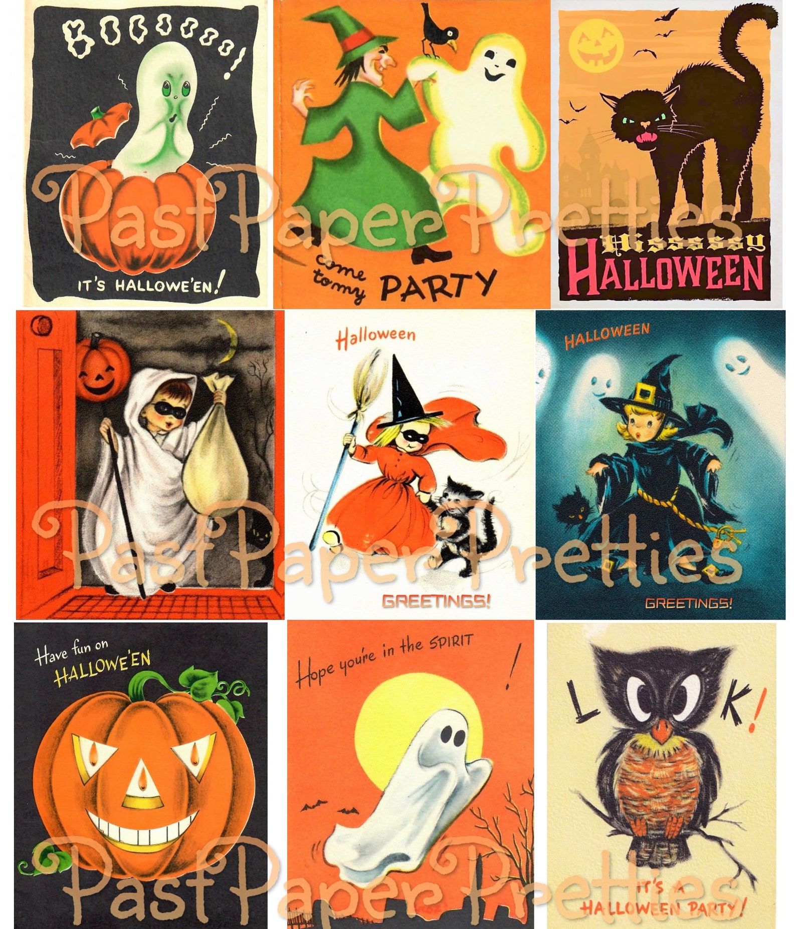 Vintage Halloween Printable Collage Cards Retro Mid Century - Etsy