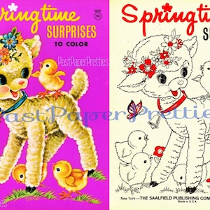 Vintage druckbare Malbuch Frühling Überraschungen 1950 PDF Sofortiger digitaler Download niedlich spielende Kinder Frühling Tiere 65 Seiten
