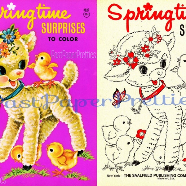 Vintage Printable Coloring Book Springtime Surprises 1950's PDF Instant Digital Download Cute Playing Children Spring Animals 65 Pages