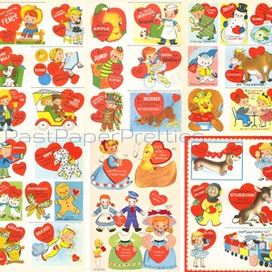 36 Vintage druckbare Valentinstag Karten niedlichen Kitsch Mädchen Jungen Tiere Collage Sheets c. 1960er Jahre PDF-Sofortiger digitaler Download