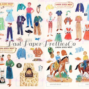 Vintage Linda Goes West Western Cowgirl Paper Doll Collage Fogli Retro Anni '60 PDF Stampabile Download Digitale Istantaneo 5 Set di Gioco di Carta