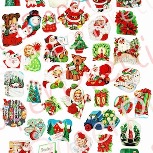 40 Vintage Printable Christmas Seals Stickers Collage Mid Century Kitsch Santa Angels Deer Instant Digital Download Holiday Clipart 300 dpi