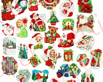 Puede incluir: Una colección de pegatinas navideñas vintage con imágenes de Papá Noel, renos, muñecos de nieve, ángeles y otras imágenes festivas. Las pegatinas están impresas en papel blanco con una variedad de colores, incluyendo rojo, verde, azul y dorado.