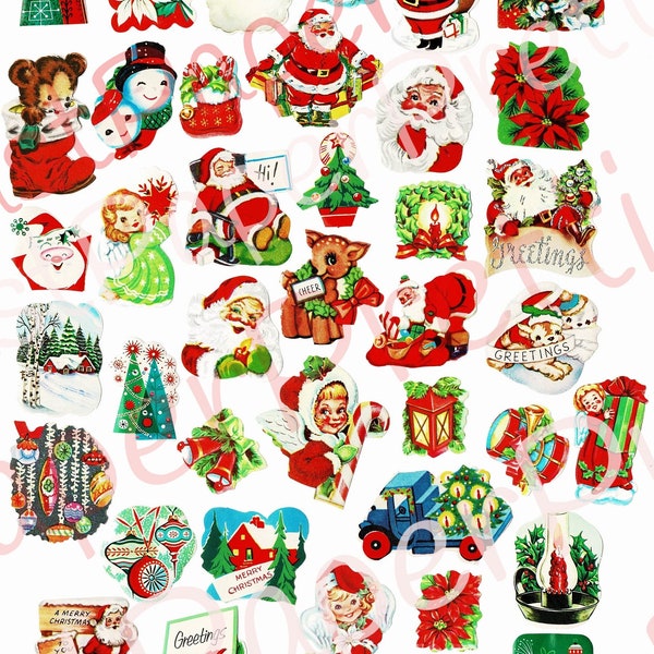 40 Vintage Printable Christmas Seals Stickers Collage Mid Century Kitsch Santa Angels Deer Instant Digital Download Holiday Clipart 300 dpi