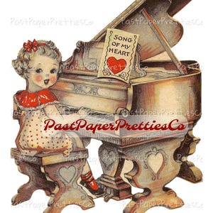 Vintage schattig klein pianistemeisje antieke afdrukbare art-decokaart afbeelding vleugel jaren 1930 instant digitale download Kitsch Valentine-illustraties