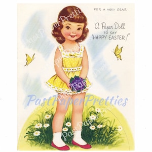 Vintage papieren paaspop Vrij klein donkerbruin meisje en haar huisdieren gevouwen afdrukbare kaart c. jaren 60 pdf direct digitaal downloaden 8 pagina's