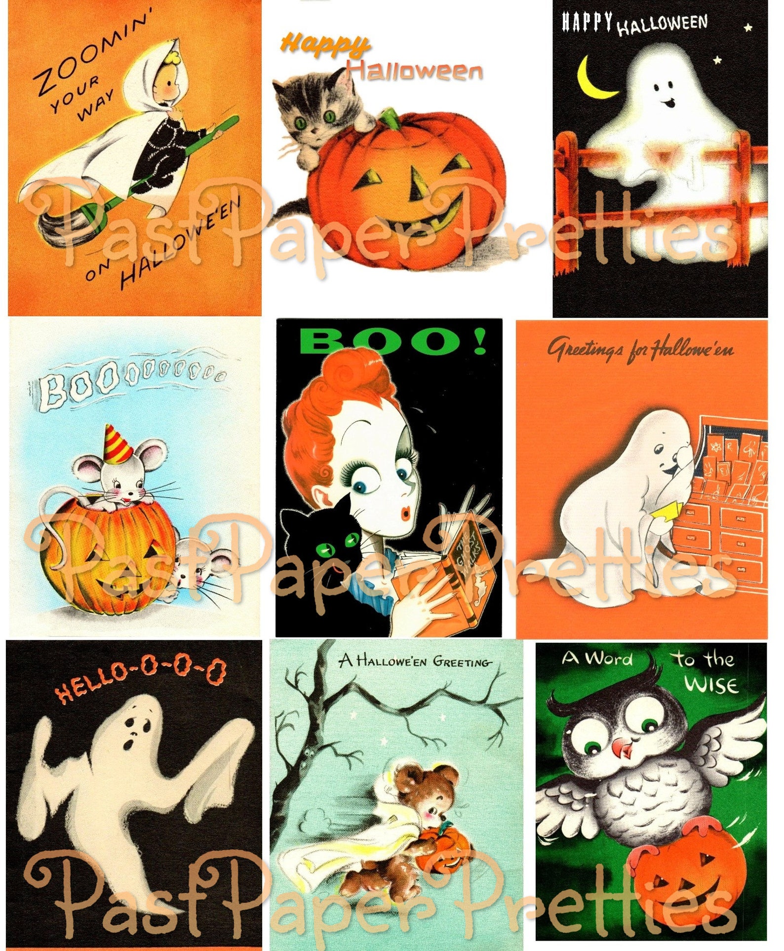 Vintage Halloween Printable Collage Cards Retro Mid Century - Etsy
