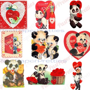 18 images vintage de cartes de Saint-Valentin imprimables Panda Bear PDF Téléchargement numérique instantané TOUS les cliparts Kitsch anthropomorphe Panda Love