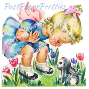 Vintage image de carte de petite fille de Pâques et lapin rétro douce imprimable c. Nièce Pâques JPEG PNG 300 dpi en téléchargement numérique des années 40