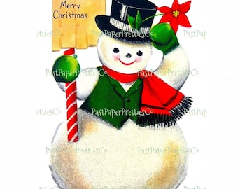Vintage Christmas Printable Frosty The Snowman Card Image Instant Digital Download Kitsch Cute Holiday Clipart JPEG PNG